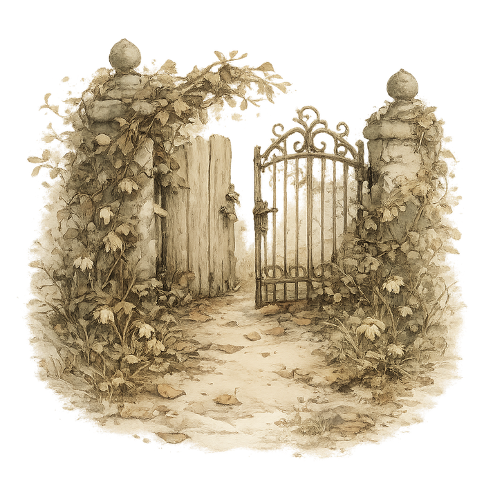 A dormant, overgrown garden gate